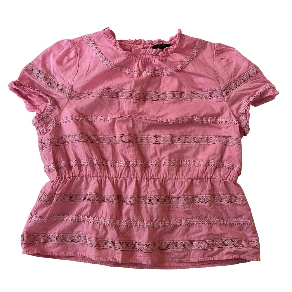 J. Crew Women's Size L Blouse Pink Lace High Neck Short Sleeve 100% Cotton